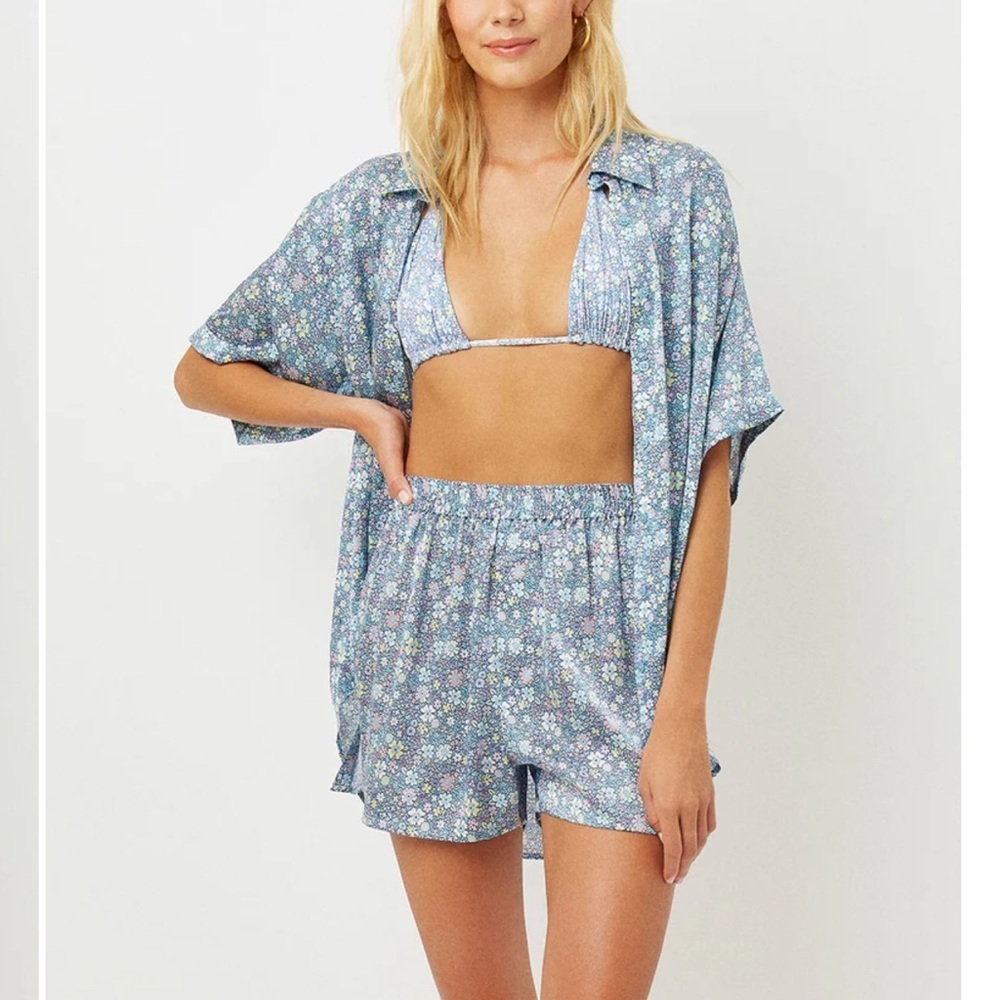 Frankie’s Bikinis Fifi Silk High Waist Boxer Shorts Floral Blue XL